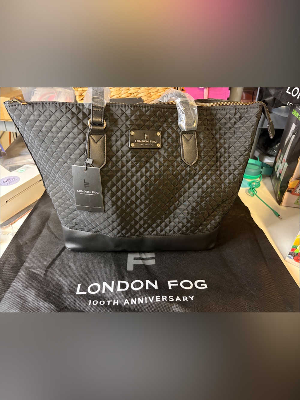 London Fog 100th Anniversary Blk Quilted Alex Nylon Tote | NWT